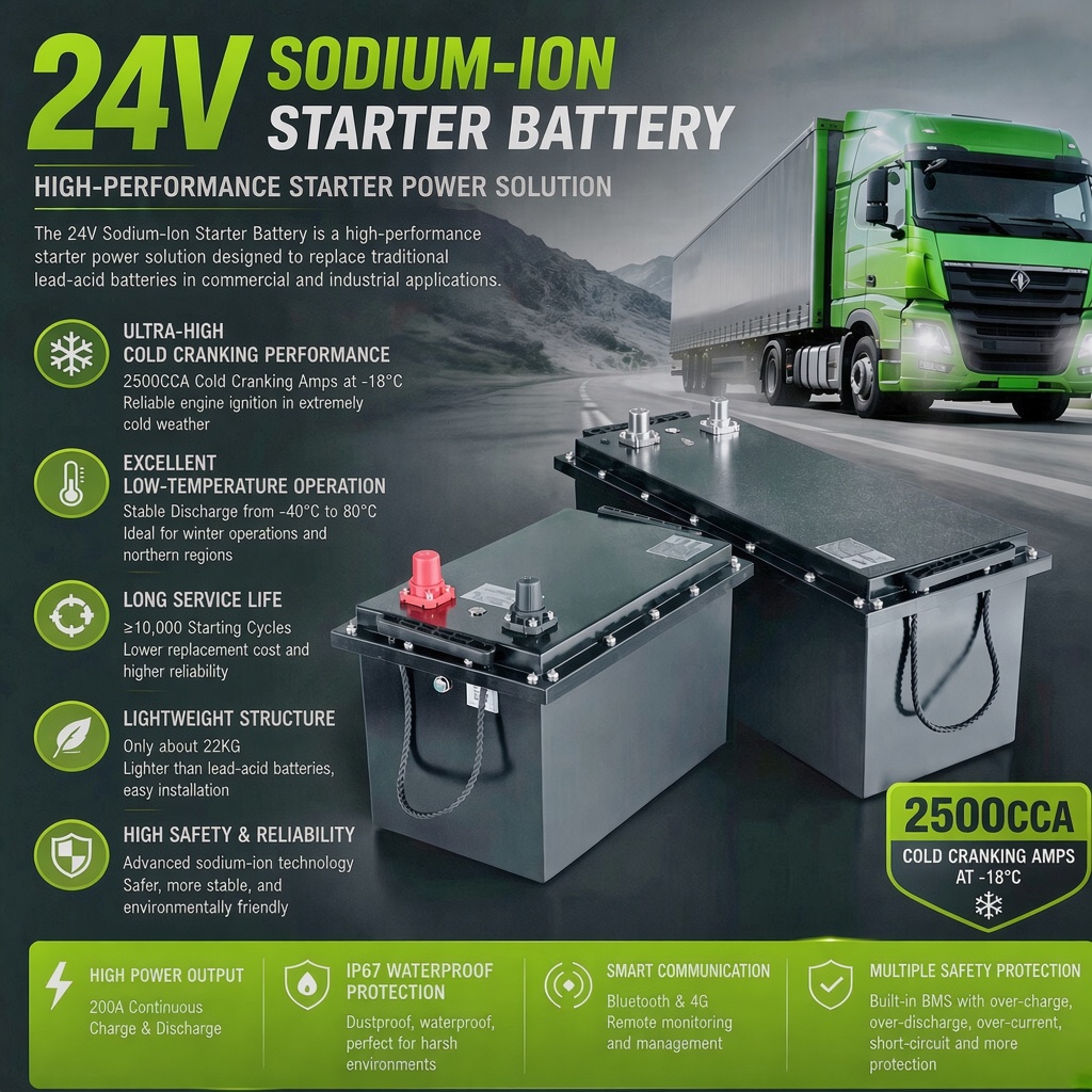 24V 200Ah Sodium ion Dual Battery Manufacturer High CCA Truck Cranking and Parking AC Power